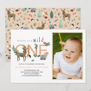 Girls Cute Wild One Woodland Animals 1st Birthday  Invitation