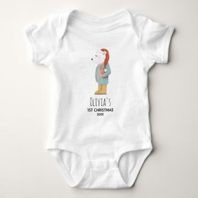 Girls Cute Winter Polar Bear First Christmas Baby Bodysuit (Front)