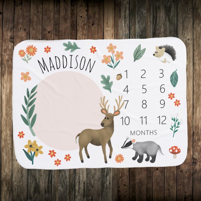 Girls Cute Woodland Animals Monthly Milestone Baby Blanket (Creator Uploaded)