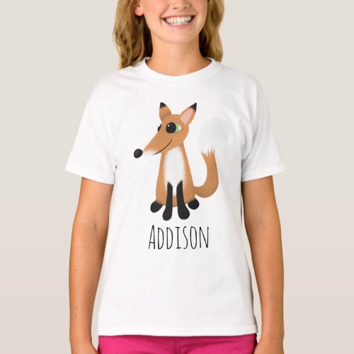 Girls Cute Woodland Forest Fox and Name T_Shirt