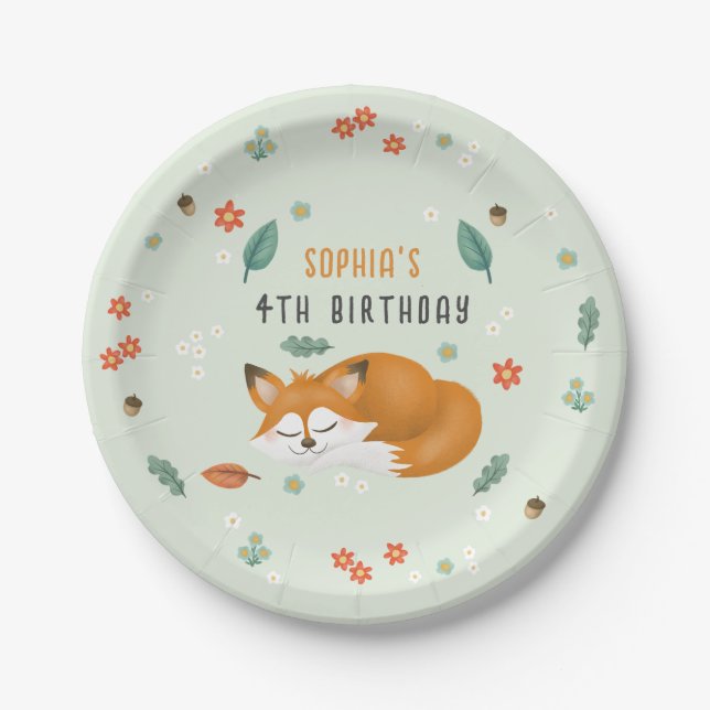 Girls Cute Woodland Forest Fox Kids Birthday Paper Plates (Front)