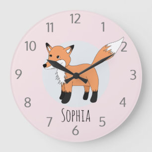 Girls Cute Woodland Fox and Name Kids Large Clock