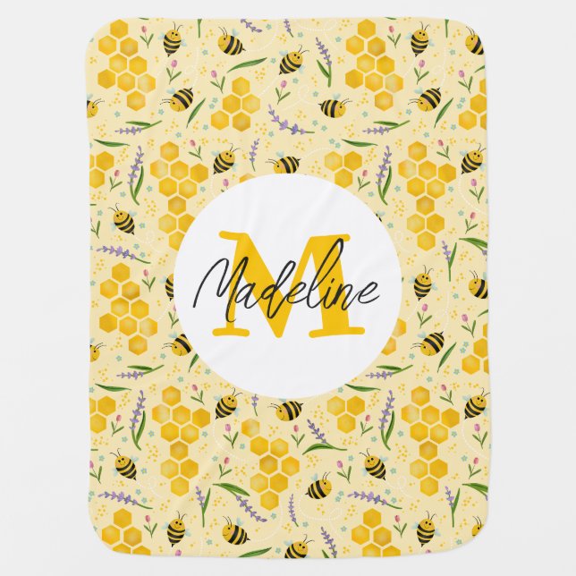 Girls Cute Yellow Summer Floral Bee Baby Blanket (Front)
