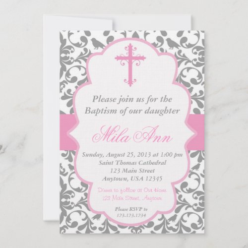 Girls Damask Baptism Pink and Grey Invitation