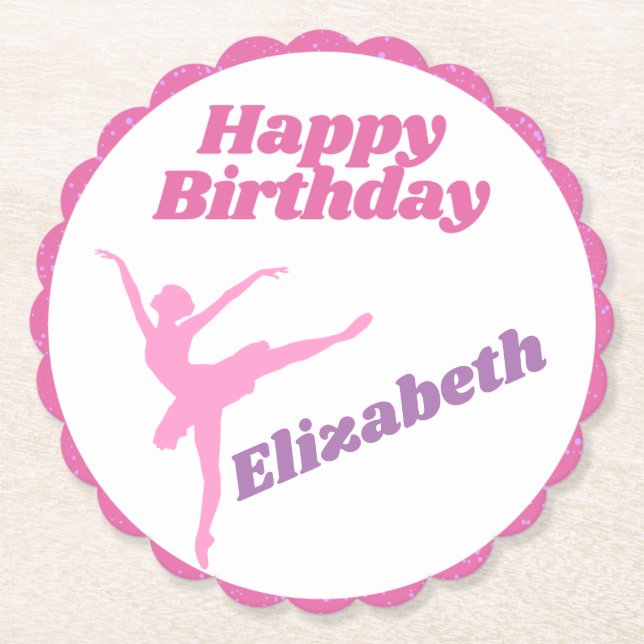Girls Dance Fuchsia Ballerina Happy Birthday Paper Coaster (Front)