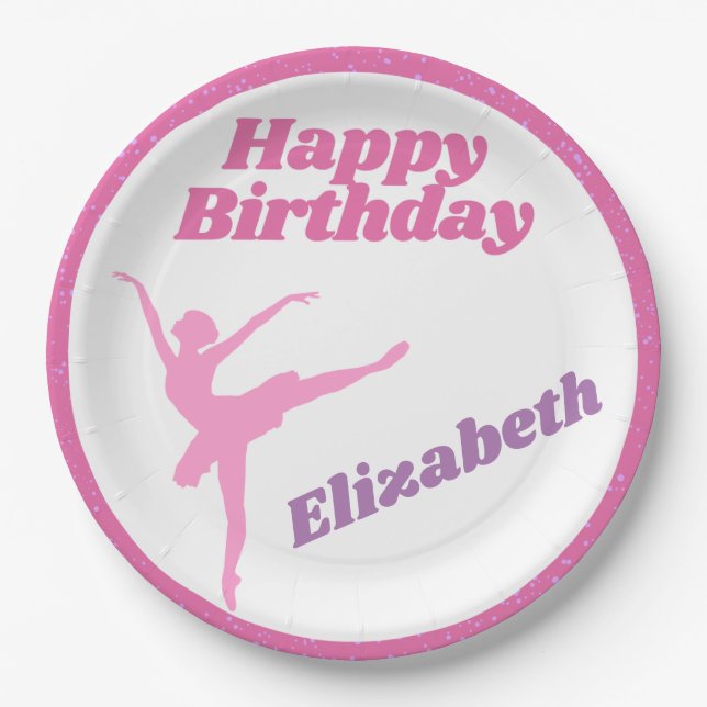 Girls Dance Fuchsia Ballerina Happy Birthday Paper Plates (Front)