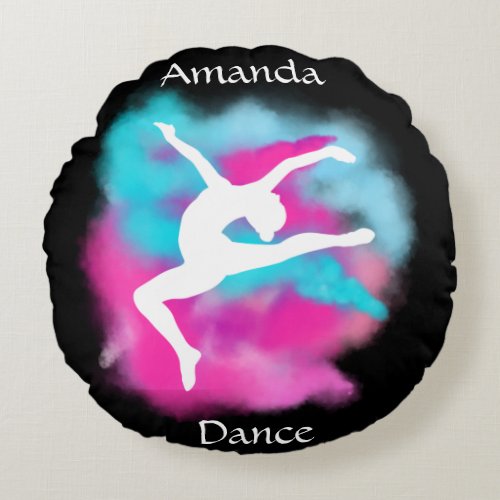 Girls Dance Leap Pink Blue Color Bomb with Name   Round Pillow