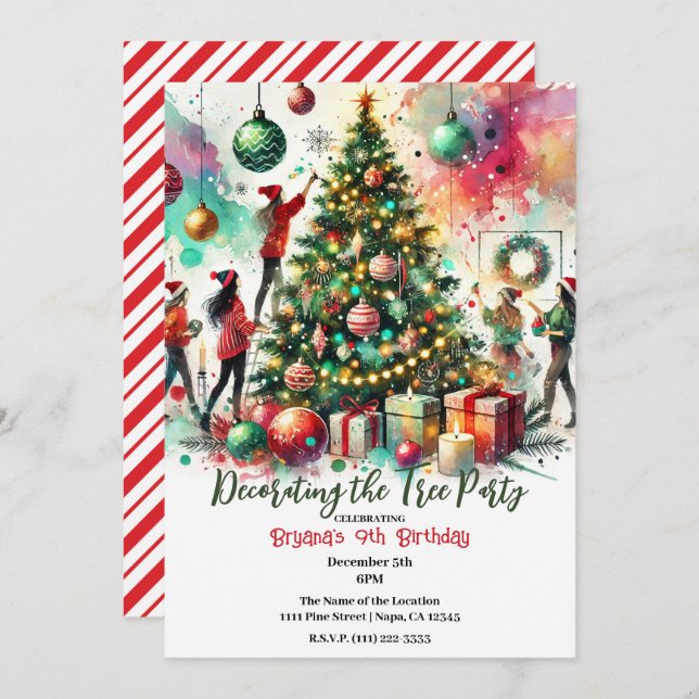Girls Decorating the Tree Holiday Party Invitation (Front/Back)