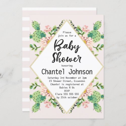 Girls Diamond Shape Cactus Baby Shower Invitation