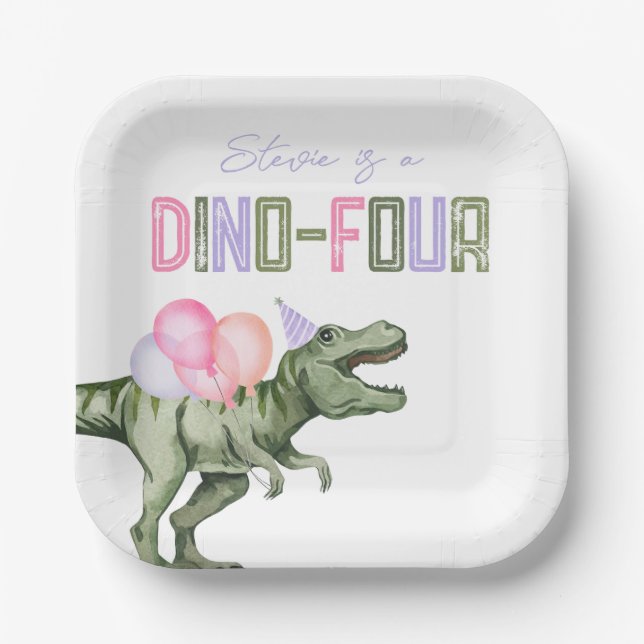 Girl's Dino Four Birthday Party Plates (Front)