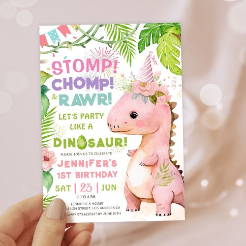 Girls Dinosaur 1st Birthday Party Cute Pink Dino Invitation