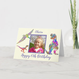 Girls Dinosaur 6th Birthday Add Name & Photo Card
