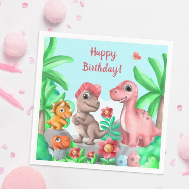 Girl's Dinosaur Birthday Napkins (Child''s Dinosaur Birthday Party Napkins)