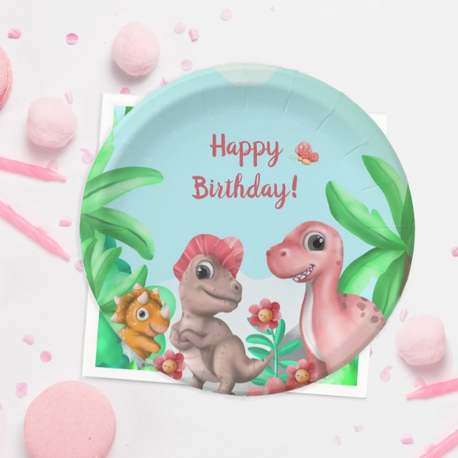 Girl's Dinosaur Birthday Paper Plates (Girl's Dinosaur Birthday Party Plate)