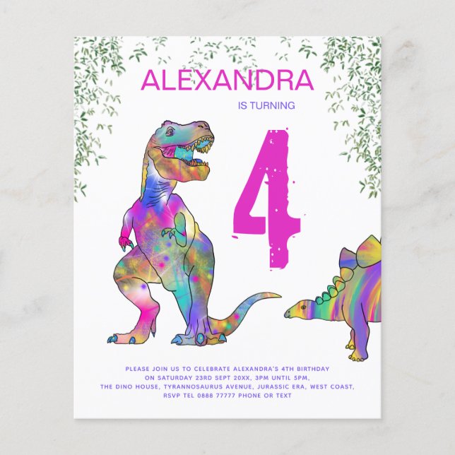 Girls Dinosaur Birthday Party Budget Invitation Flyer (Front)