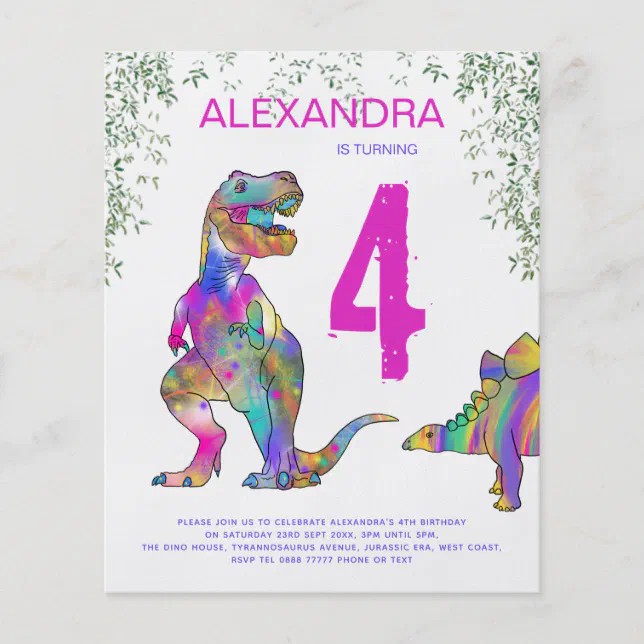Girls Dinosaur Birthday Party Budget Invitation Flyer Zazzle