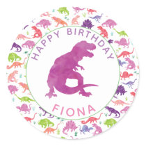 Girls Dinosaur Birthday Party Personalized Purple Classic Round Sticker