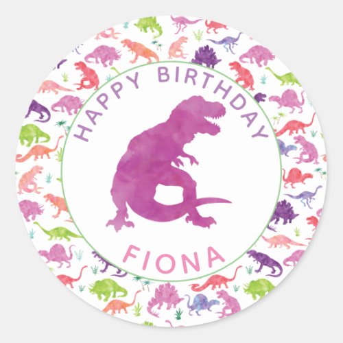 Girls Dinosaur Birthday Party Personalized Purple Classic Round Sticker