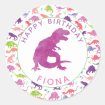 Girls Dinosaur Birthday Party Personalized Purple Classic Round Sticker