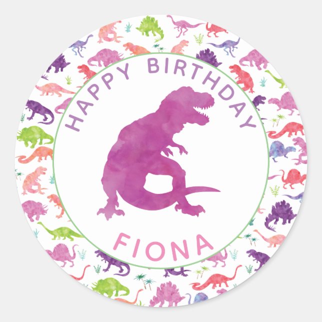Girls Dinosaur Birthday Party Personalized Purple Classic Round Sticker (Front)