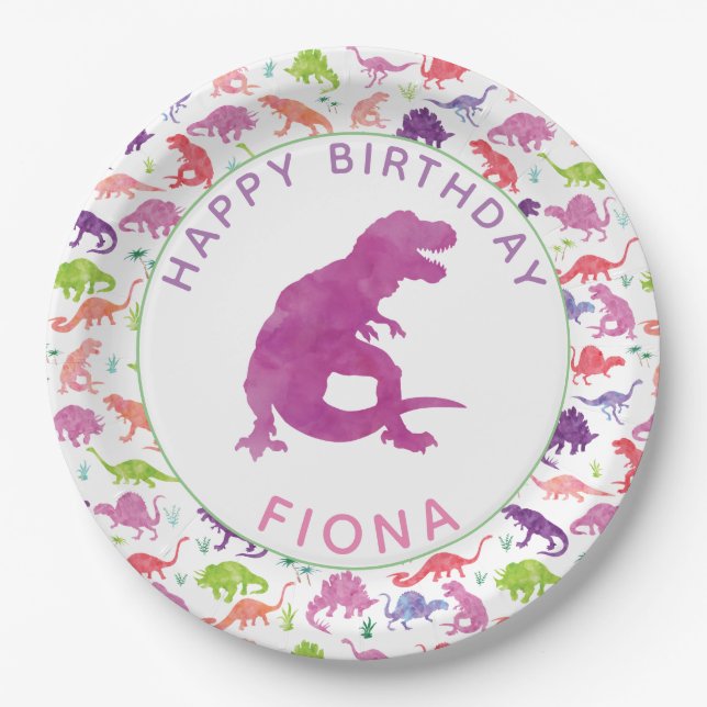 Girls Dinosaur Birthday Party Personalized Purple Paper Plates (Front)