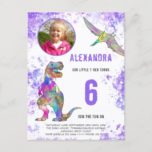 Girls Dinosaur Birthday Party Photo Invitation Postcard