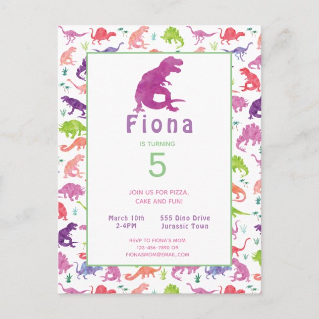 Girls Dinosaur Birthday Party Postcard Invitation (Front)