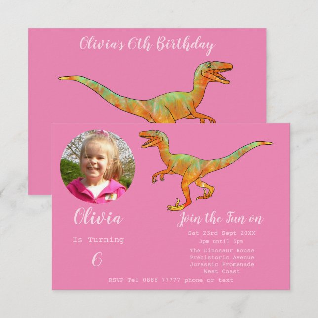 Girls Dinosaur Birthday Velociraptor Party Pink  Invitation (Front/Back)