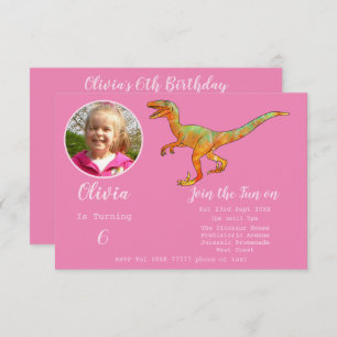 Girls Dinosaur Birthday Velociraptor Party Pink Invitation