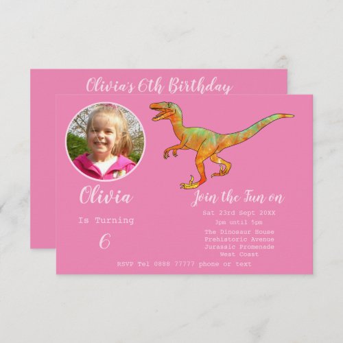 Girls Dinosaur Birthday Velociraptor Party Pink  Invitation