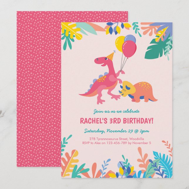 Girls Dinosaur Party Birthday Invitation - Pink (Front/Back)