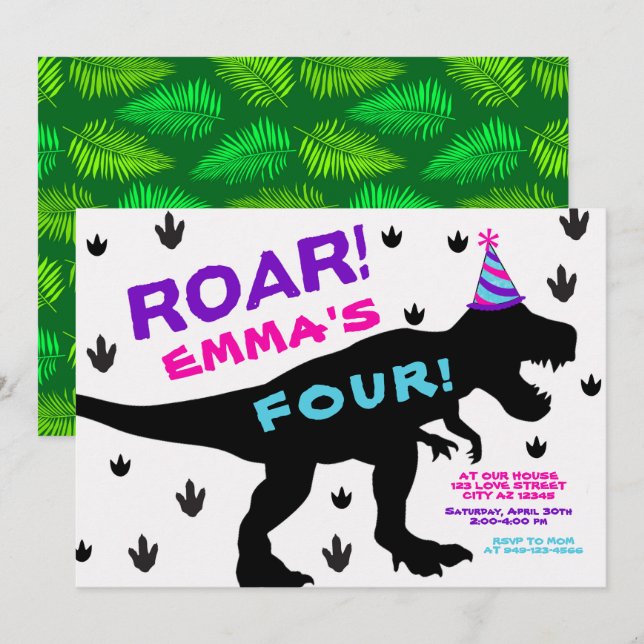 Girl's Dinosaur Party Hat Birthday Invitation (Front/Back)