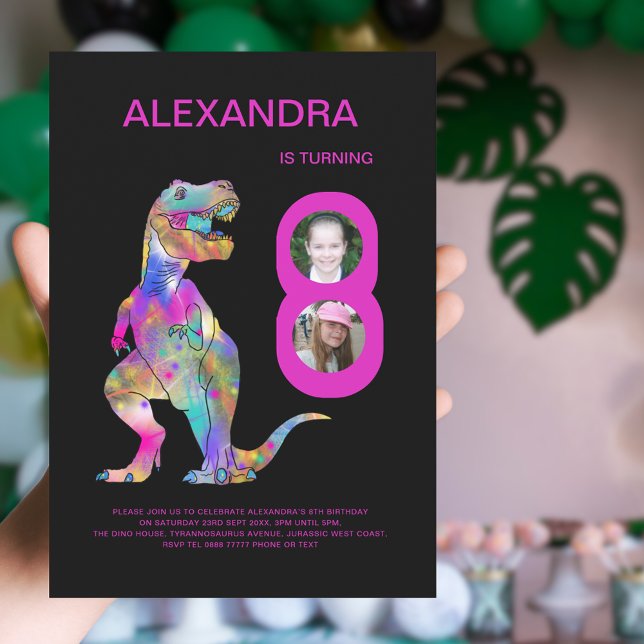 Girls Dinosaur Photo Collage 8th Birthday Party Invitation (T-Rex Dinosaur girls 8th birthday party pink and black invitation colorful dino watercolor)