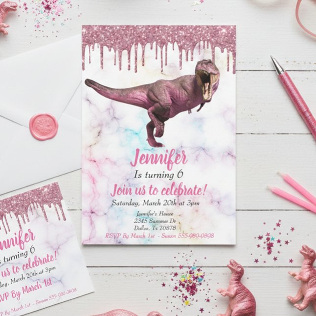 Girl's Dinosaur Pink Glitter Tyrannosaurus Invitation (Creator Uploaded)