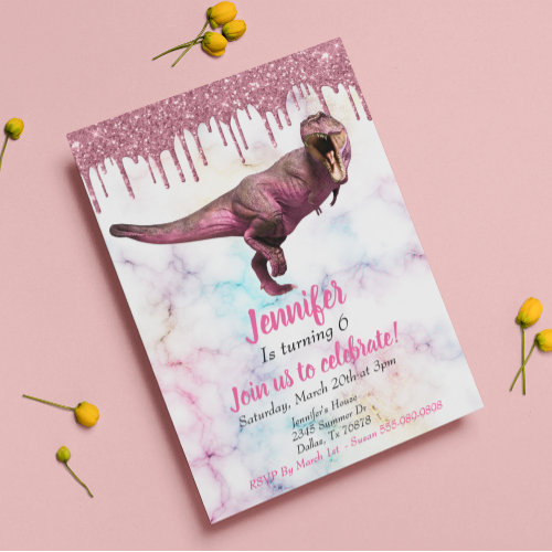 Girls Dinosaur Pink Glitter Tyrannosaurus Invitation