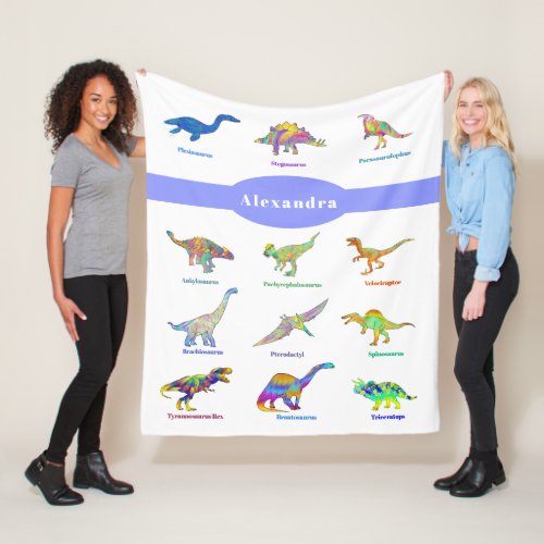 Girls Dinosaurs with names Personalized Periwinkle Fleece Blanket