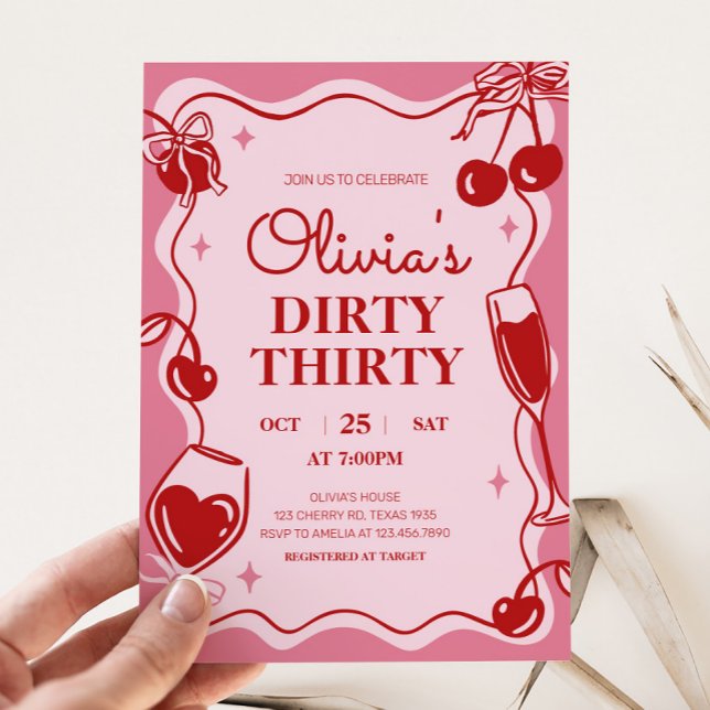 Girls Dirty Thirty Birthday Invitation (Hand Drawn Cherry Dirty Thirty Birthday Party Invitation)