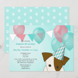 girls dog themed birthday party teal pink balloons invitation