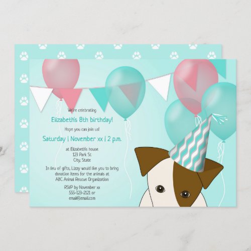 girls dog themed birthday party teal pink balloons invitation