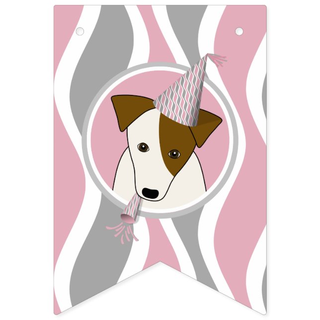 girl's dog themed birthday pink gray wavy stripes bunting flags (First Flag)