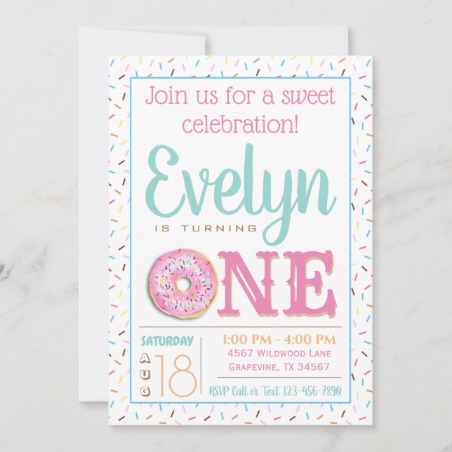 Girls Donut First Birthday Party Invitation (Front)