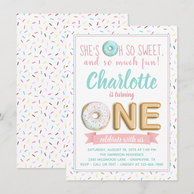 Girls Donut Foil Balloon 1st Birthday Party Invitation (Front/Back)