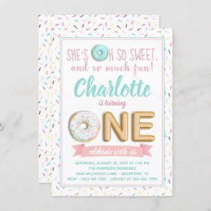 Girls Donut Foil Balloon 1st Birthday Party Invitation