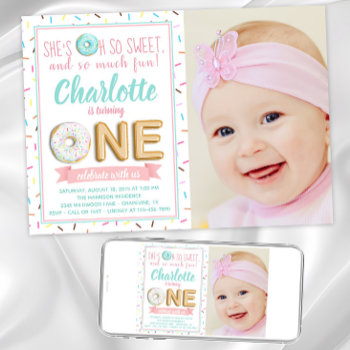 Girls Donut Foil Balloon Photo First Birthday Invitation by InvitationCentral at Zazzle