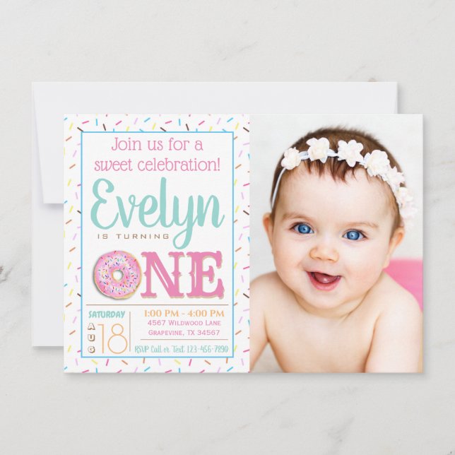 Girls Donut Photo 1st Birthday Party Invitation (Front)