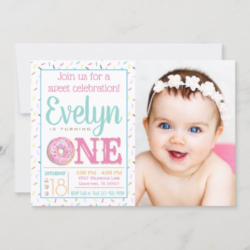 Girls Donut Photo First Birthday Party Invitation