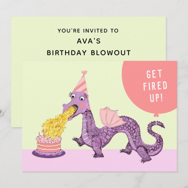 Girl's Dragon Birthday Party Invitations (Front/Back)