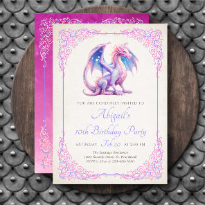 Girls Dragon Pink Purple Birthday Invitation