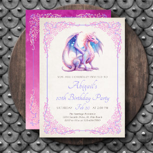 Girls Dragon Pink Purple Birthday Invitation