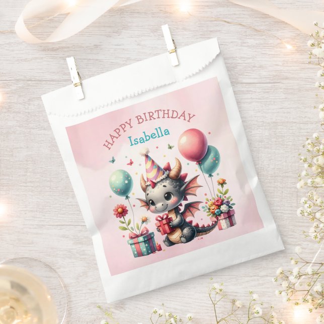 Girl's Dragon Themed Birthday Party Favor Bag (Clipped)